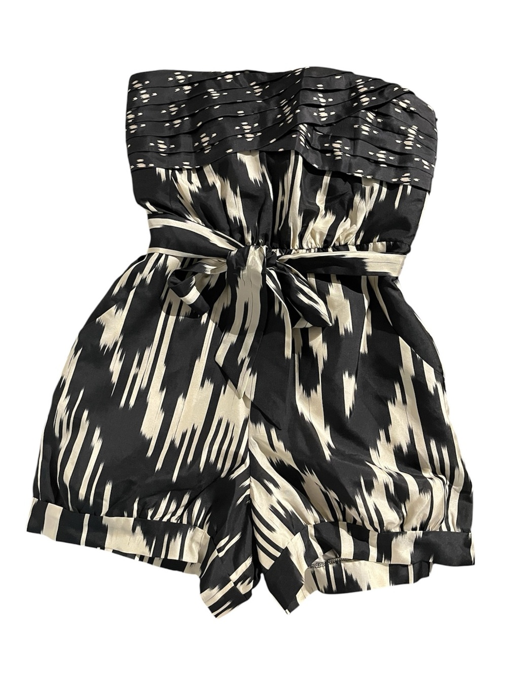 J. Crew Black and Cream Strapless Printed Romper